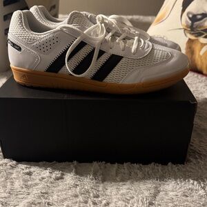 Adidas White and Black Athletic Shoes with Brown Sole